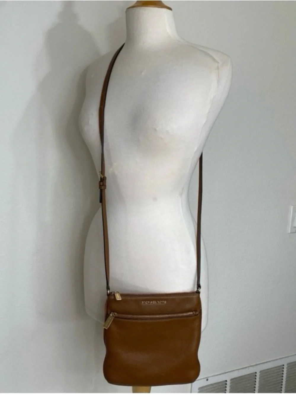 Michael Kors Women's Cognac Pebble Leather Zipper Adjustable Strap Crossbody Bag